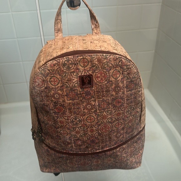 Handbags - Portugal Cork Textured Backpack with Patterned Accents